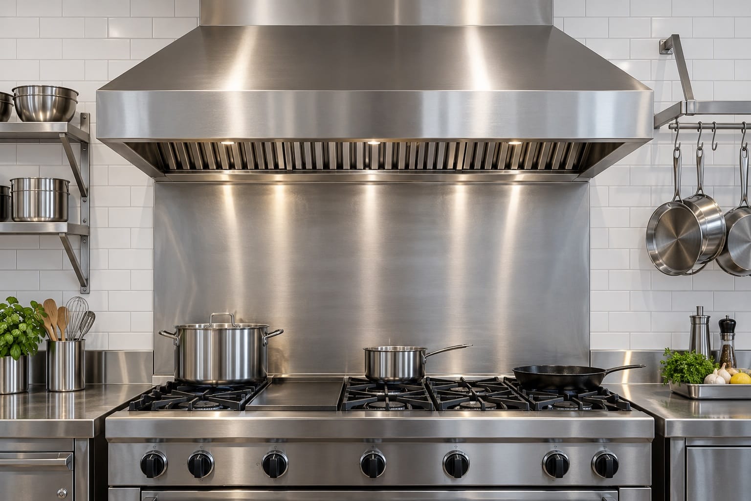 Bright stainless steel exhaust hood over a white tiled kitchen wall