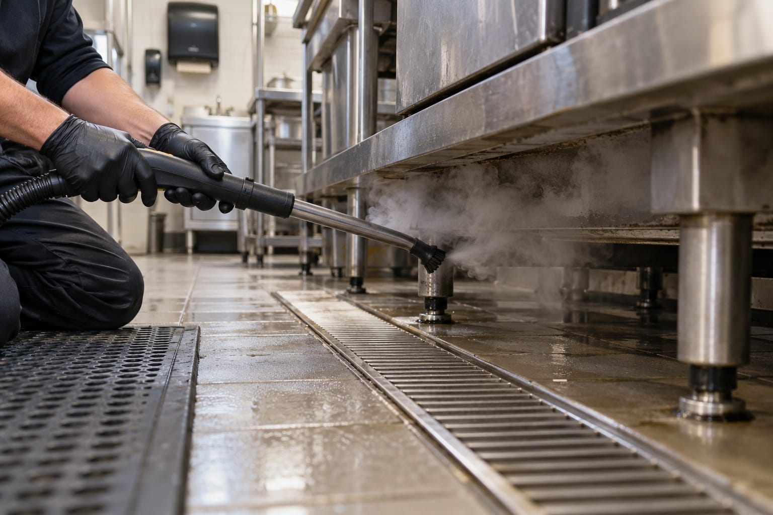 Steam wand cleaning beneath a stainless steel counter line