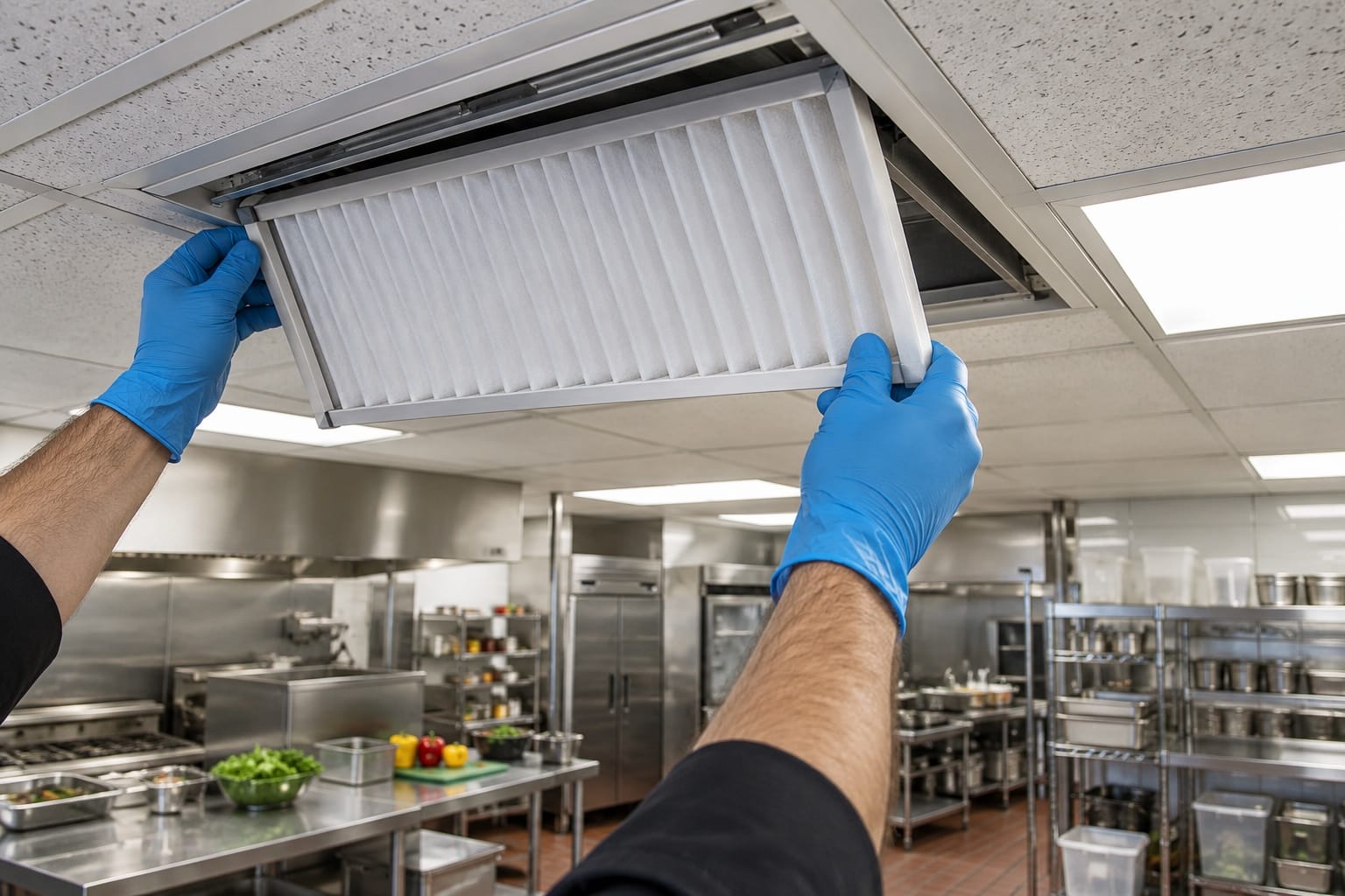 Clean white filter being set into an open ceiling vent
