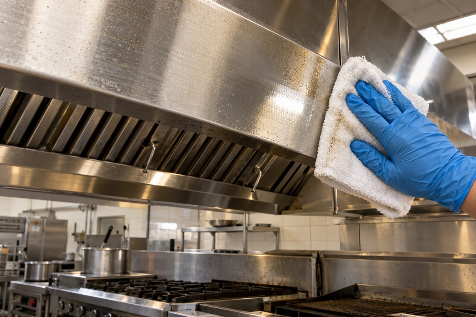 Gloved hand wiping a stainless steel commercial range hood with a white cloth