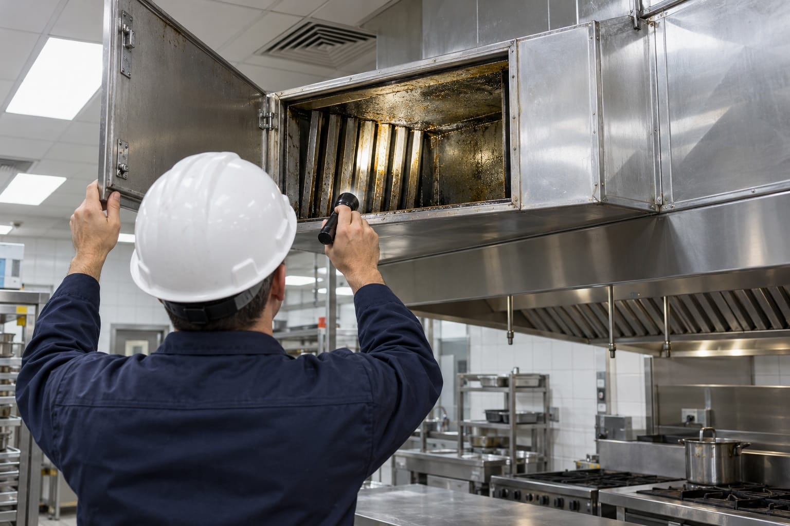 Contractor in a white hard hat inspecting stainless steel commercial ductwork