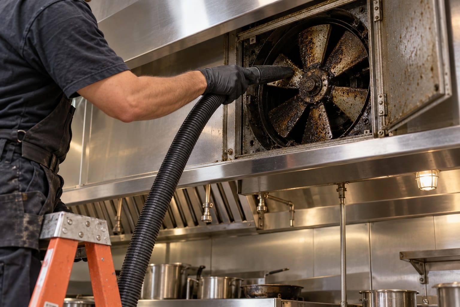 Worker vacuuming grease from a commercial exhaust fan assembly above a range