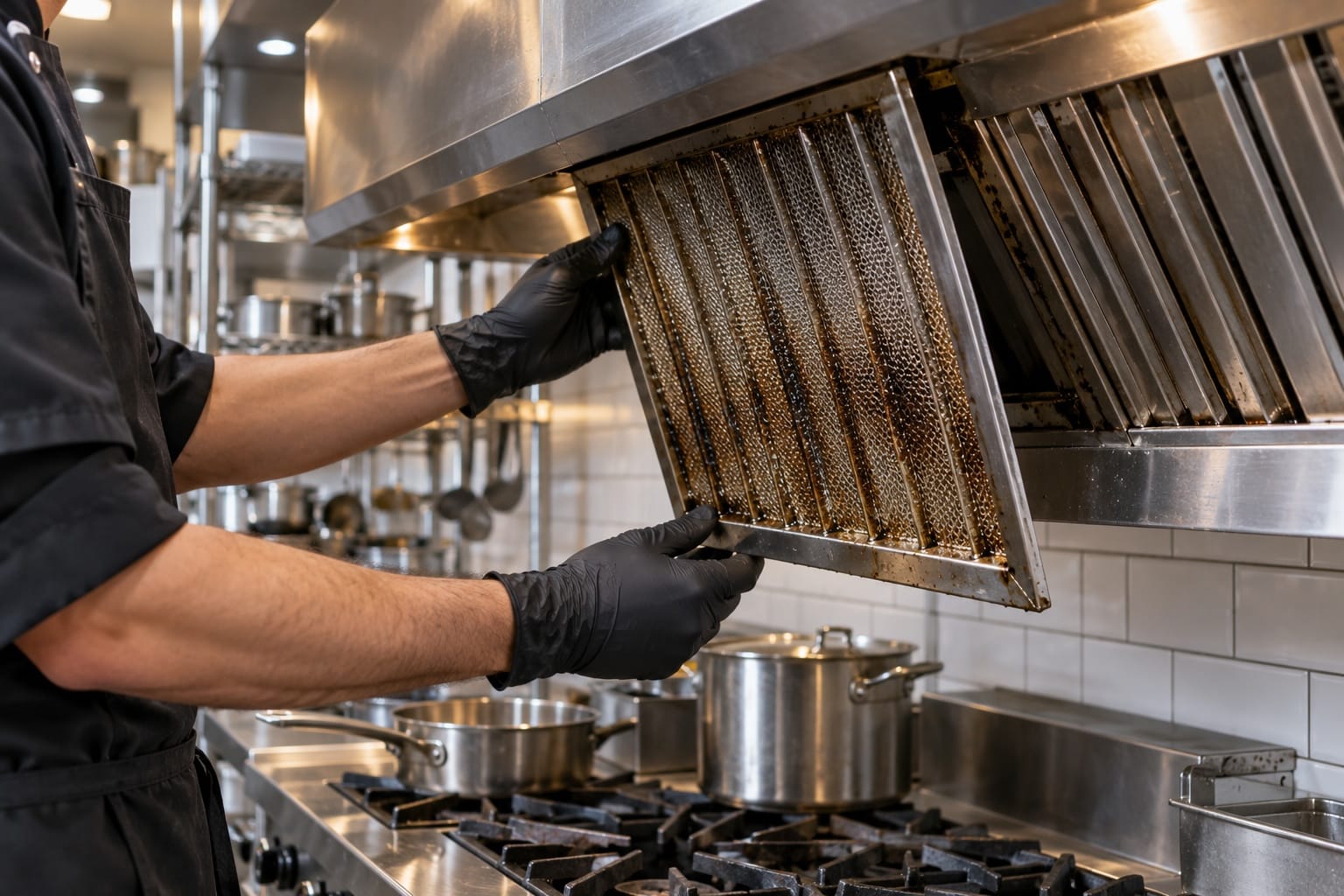 Worker lifting a mesh baffle filter out of a commercial range hood