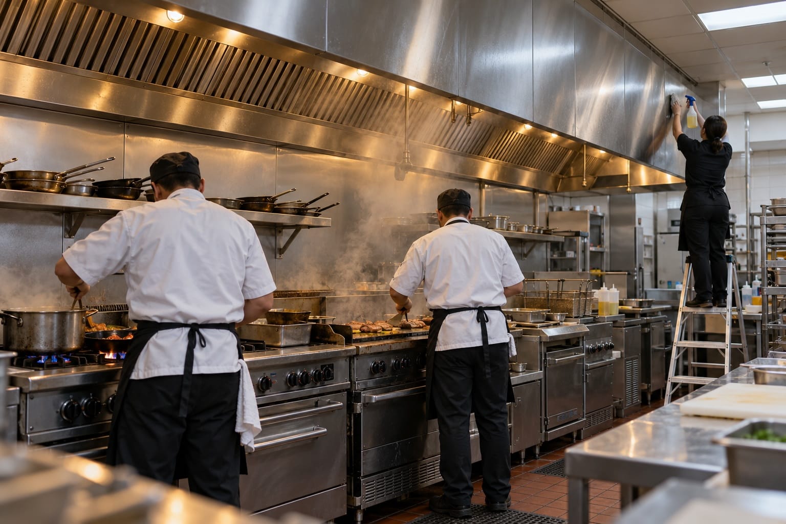Commercial cooking line beneath a long stainless exhaust hood