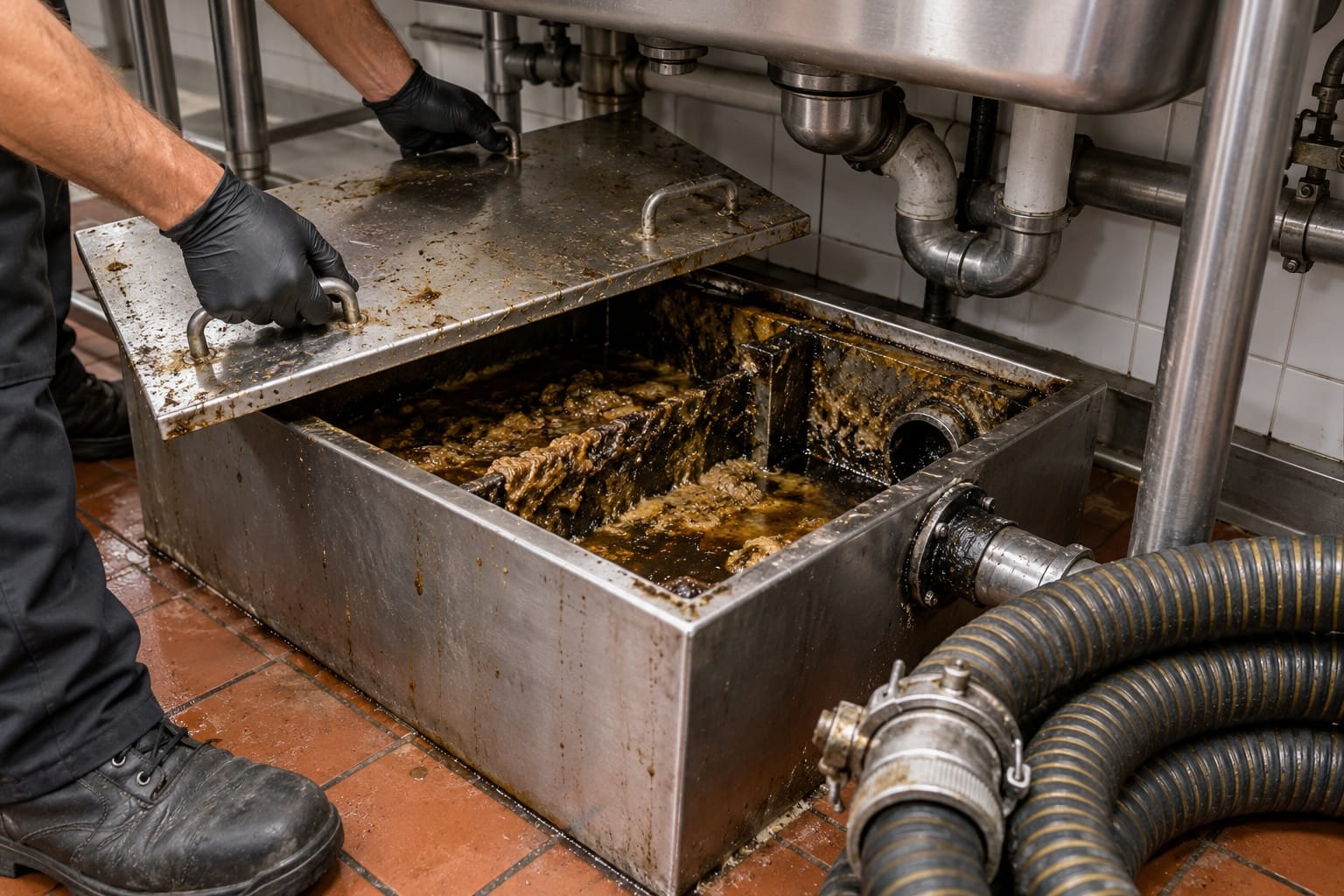 Nitrile-gloved hands removing a grease trap cover from a stainless basin