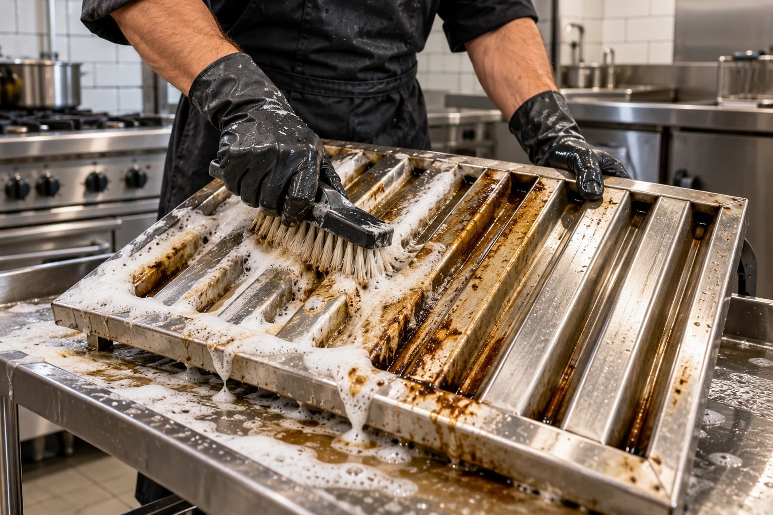 Black gloved hands deep cleaning a grease-laden stainless hood filter with foam and brush