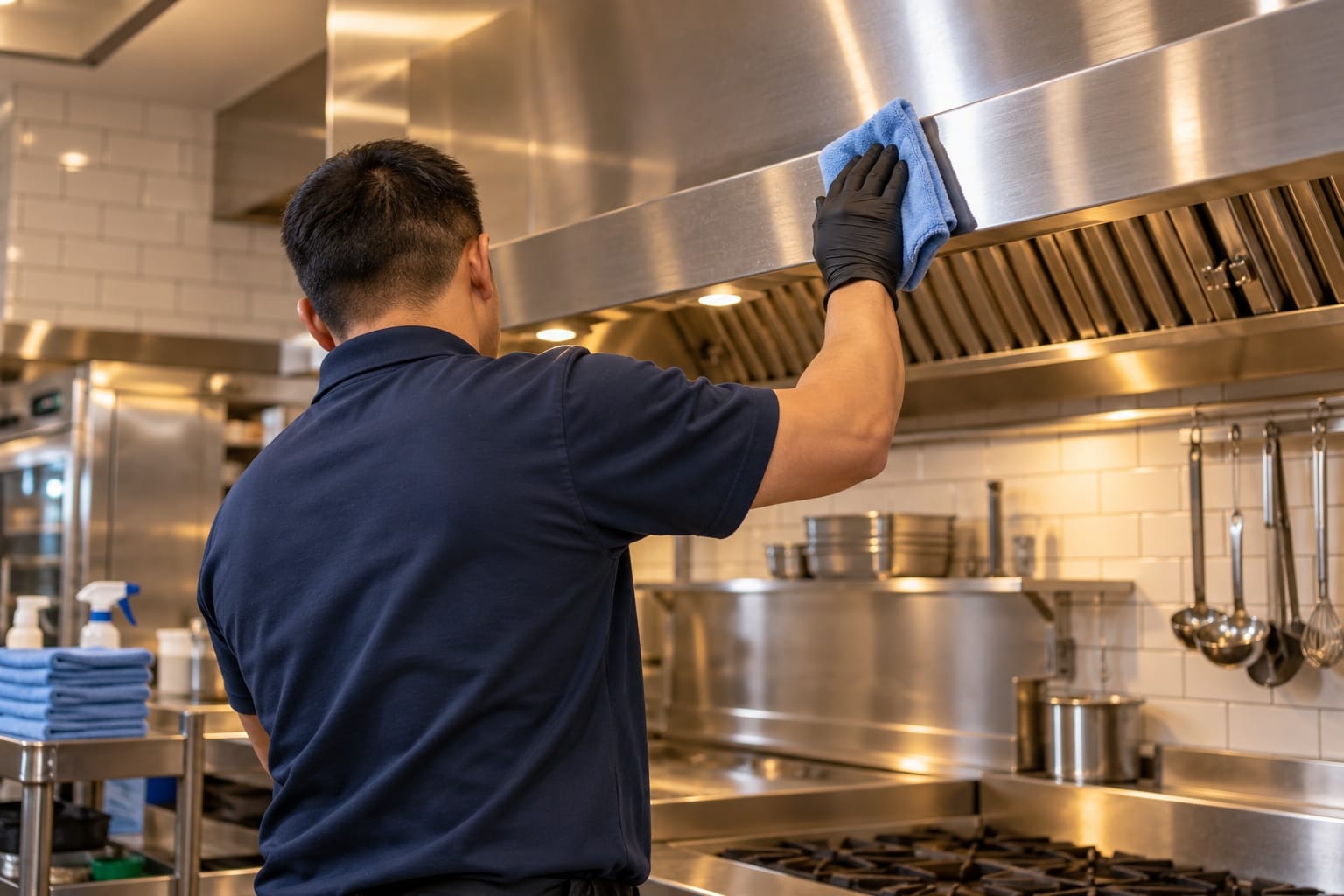 Uniformed contractor wiping a stainless steel range hood edge with a blue cloth