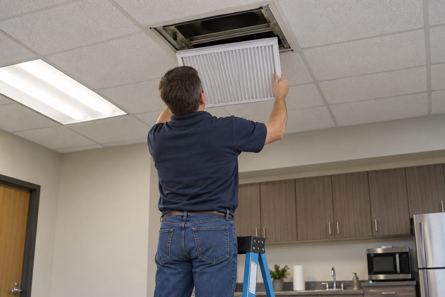 Worker holding a new white filter up to an open ceiling vent on a ladder