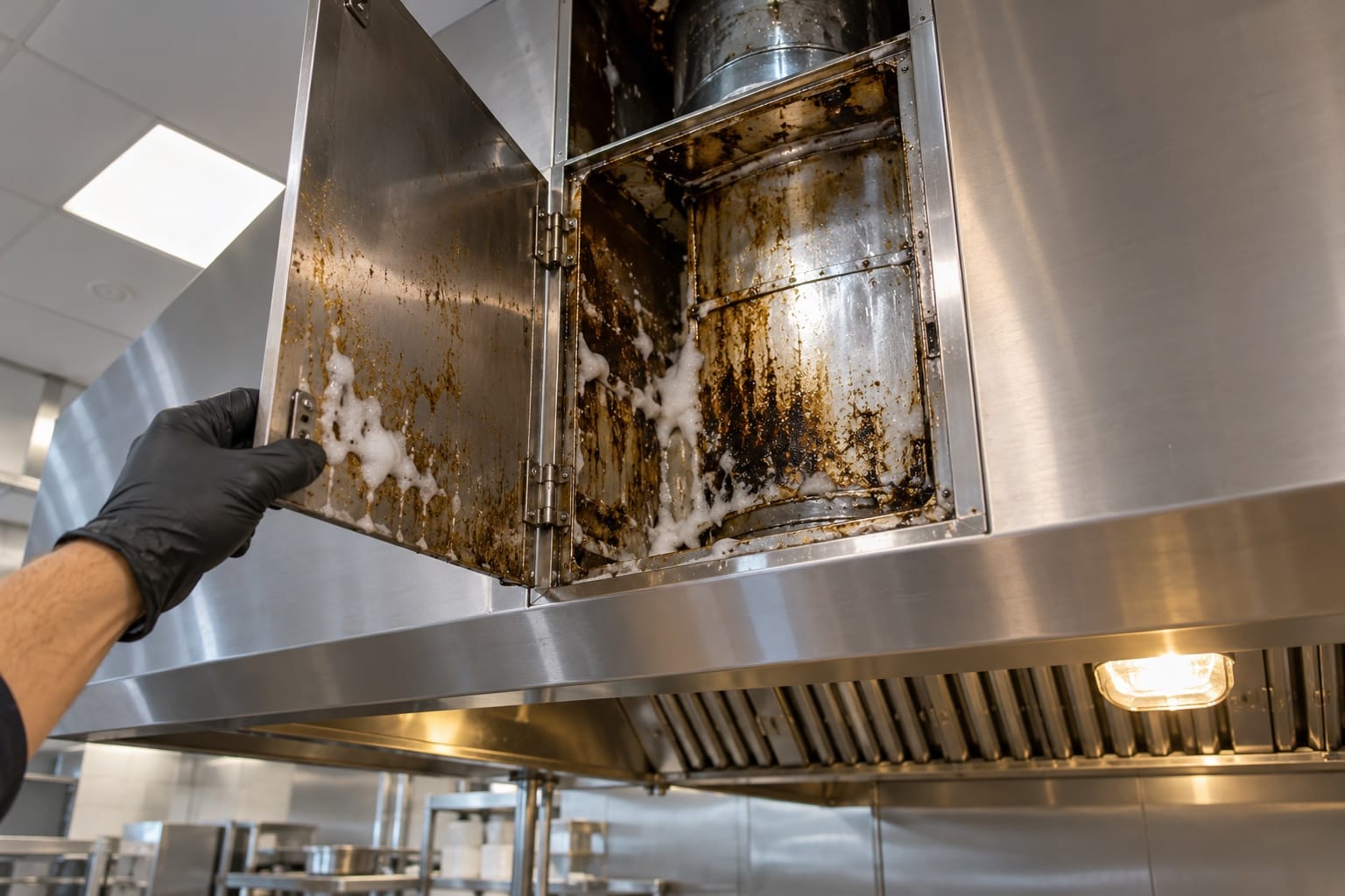 Technician opening a stainless steel access panel to inspect commercial kitchen ductwork